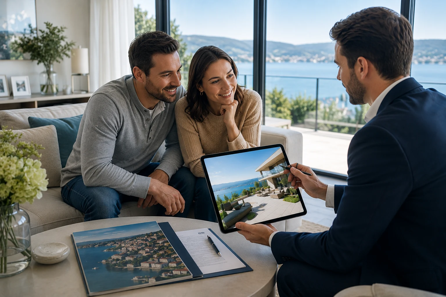 Un couple échange avec un courtier au sujet de la vente de son bien immobilier