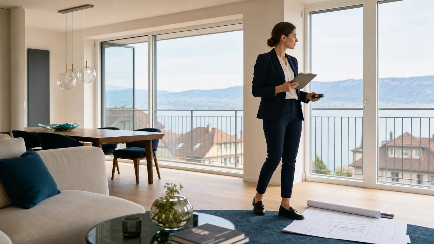Courtière évaluant un appartement avec vue sur la région de Neuchâtel