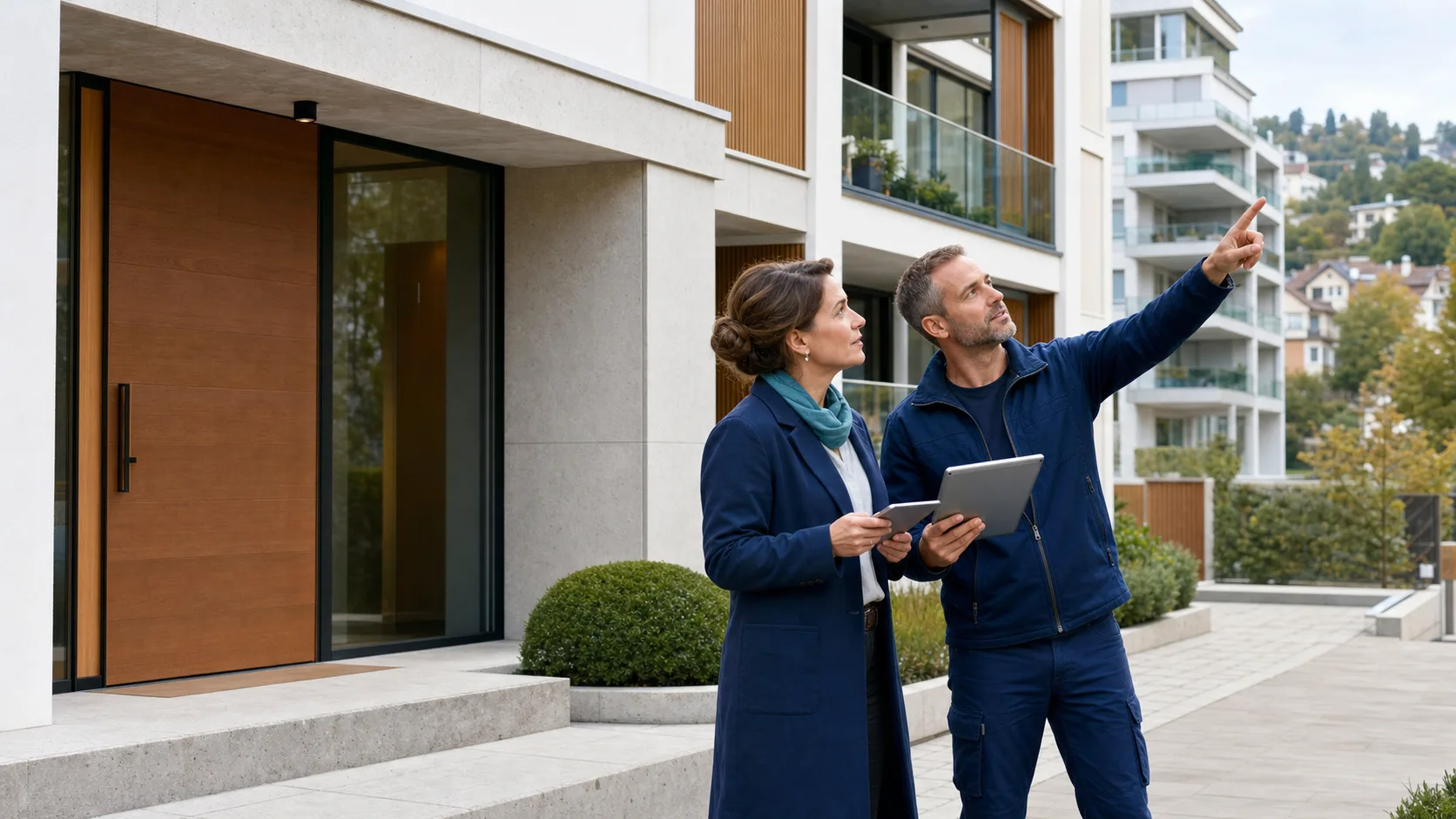 Administratrice et technicien inspectant une copropriété