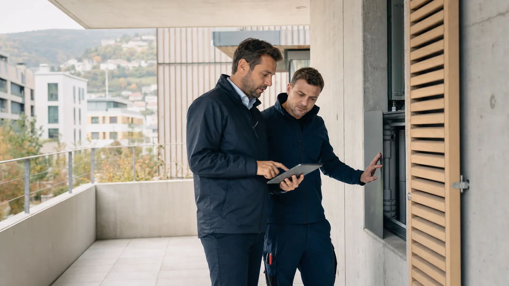 Gestionnaire et technicien contrôlant une installation d’immeuble